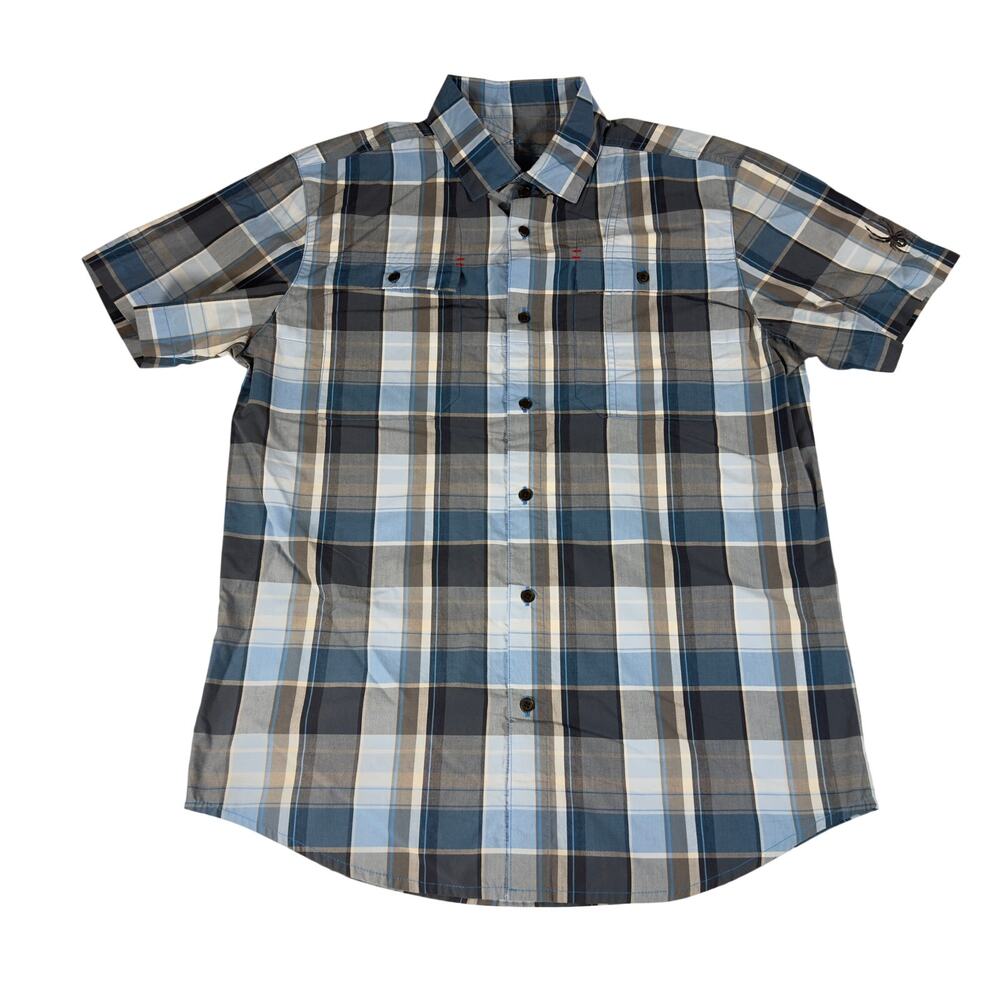 Spyder Men’s M Plaid Short Sleeve Button Shirt Blue Gray Cotton Blend Outdoor